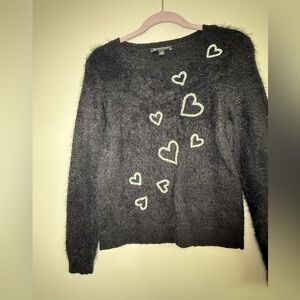 INC International Concepts Black Fuzzy Crewneck Sweater with White Heart Accents